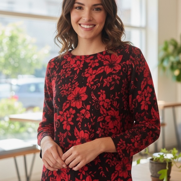 Tops - #555 Red & Black Floral Long Sleeve